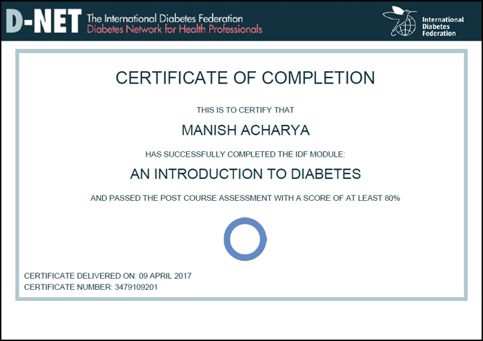 Certificate of Manish Acharya - Certificate of Manish Acharya - International Diabetic federation (Diabetic Management)