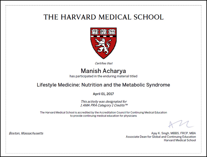 Certificate of Manish Acharya - University of Harvard Natural Medicine and Metabolic Syndrome