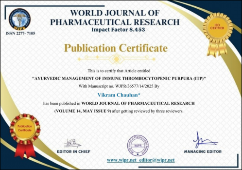 Dr. Vikram Chauhan, Dr. Vikram Chauhan Publication Certificate, World Journal Of Pharmaceutical Research, WJPMR, AYUSH, Dr. Vikram Chauhan, MD-Ayurveda Experts, Ayurveda Expert