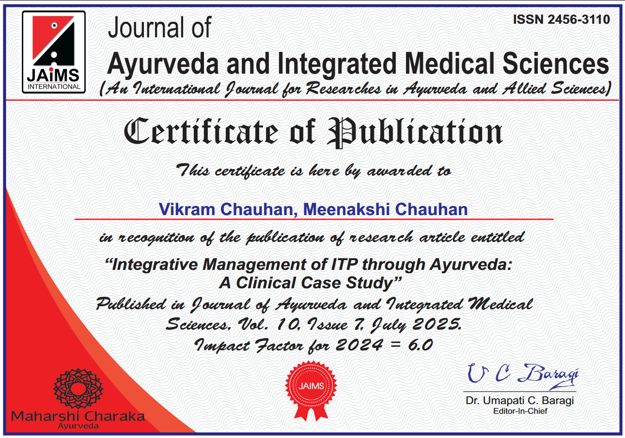International Journal of Advanced Research, JAims, Research Papers, Case Study, Planet Ayurveda Research Papers, Planet Ayurveda Research Paper, Planet Ayurveda Case Study, Ayurveda's Role, Managing ITP, Immune Thrombocytopenic Purpura, Dr. Vikram Chauhan, Dr. Meenakshi Chauhan