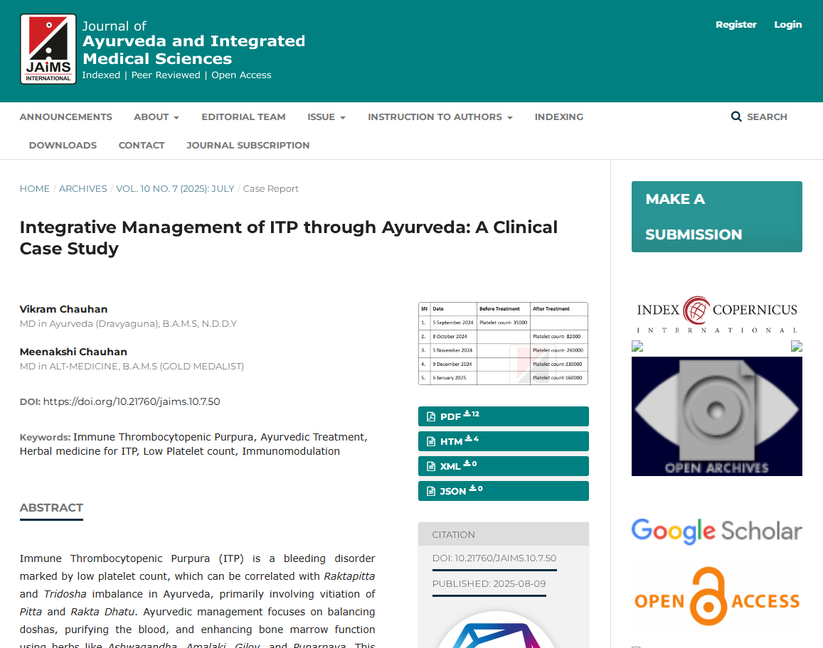Integrative Management of ITP through Ayurveda: A Clinical Case Study