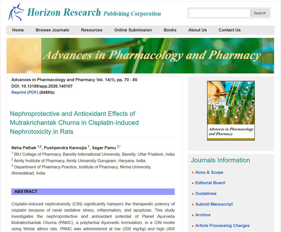 Nephroprotective and Antioxidant Effects of Mutrakrichantak Churna in Cisplatin-Induced Nephrotoxicity in Rats Nephroprotective and Antioxidant Effects of Mutrakrichantak Churna in Cisplatin-Induced Nephrotoxicity in Rats