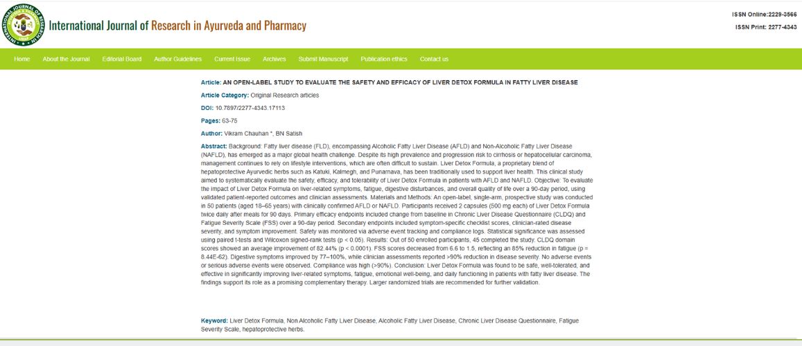 An Open Label Study to Evaluate the Safety and Efficacy of Liver Detox Formula in Fatty Liver Disease An Open Label Study to Evaluate the Safety and Efficacy of Liver Detox Formula in Fatty Liver Disease