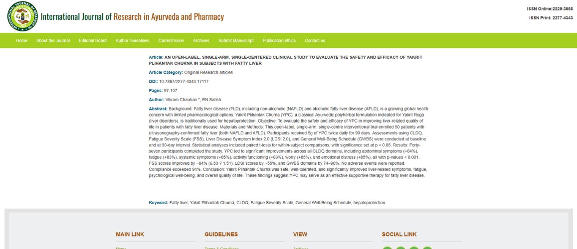 An Open label Single arm Single centered Clinical Study to Evaluate the Safety and Efficacy of Yakrit Plihantak Churna in Subjects With Fatty Liver An Open label Single arm Single centered Clinical Study to Evaluate the Safety and Efficacy of Yakrit Plihantak Churna in Subjects With Fatty Liver