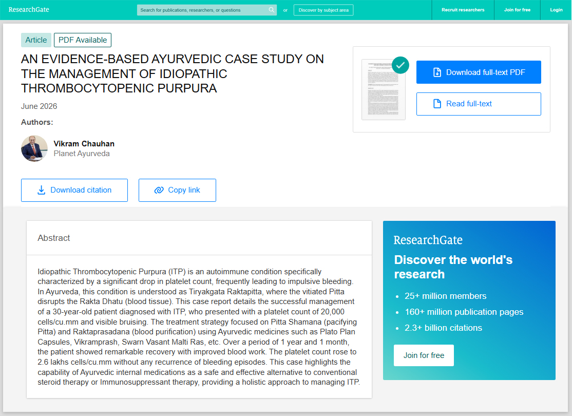 An Evidence-Based Ayurvedic Case Study On The Management Of Idiopathic Thrombocytopenic Purpura An Evidence-Based Ayurvedic Case Study On The Management Of Idiopathic Thrombocytopenic Purpura
