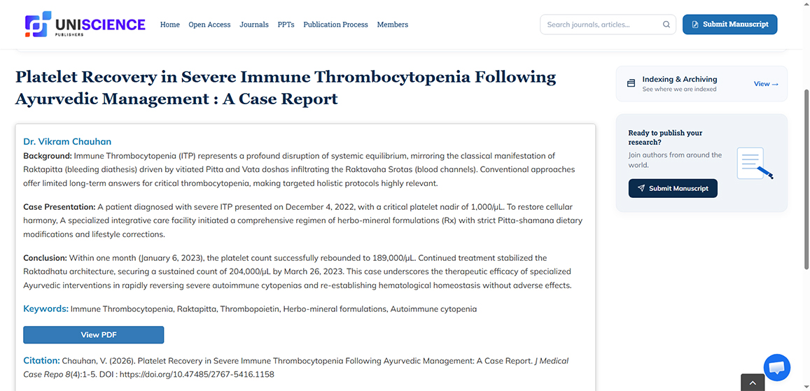 Platelet Recovery in Severe Immune Thrombocytopenia Following Ayurvedic Management : A Case Report