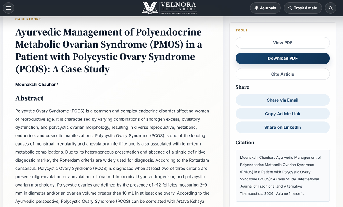 Ayurvedic Management of Polyendocrine Metabolic Ovarian Syndrome (PMOS) in a Patient with Polycystic Ovary Syndrome (PCOS): A Case Study Ayurvedic Management of Polyendocrine Metabolic Ovarian Syndrome (PMOS) in a Patient with Polycystic Ovary Syndrome (PCOS): A Case Study