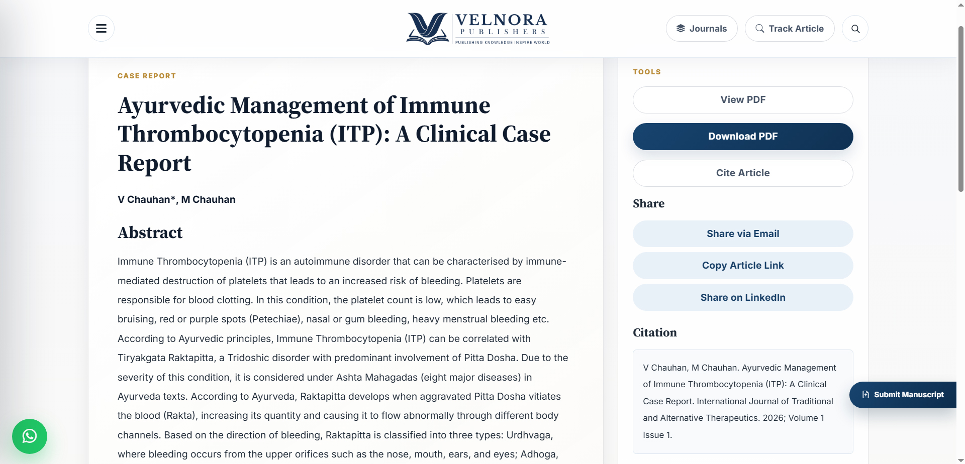 Ayurvedic Management of Immune Thrombocytopenia (ITP): A Clinical Case Report Ayurvedic Management of Immune Thrombocytopenia (ITP): A Clinical Case Report